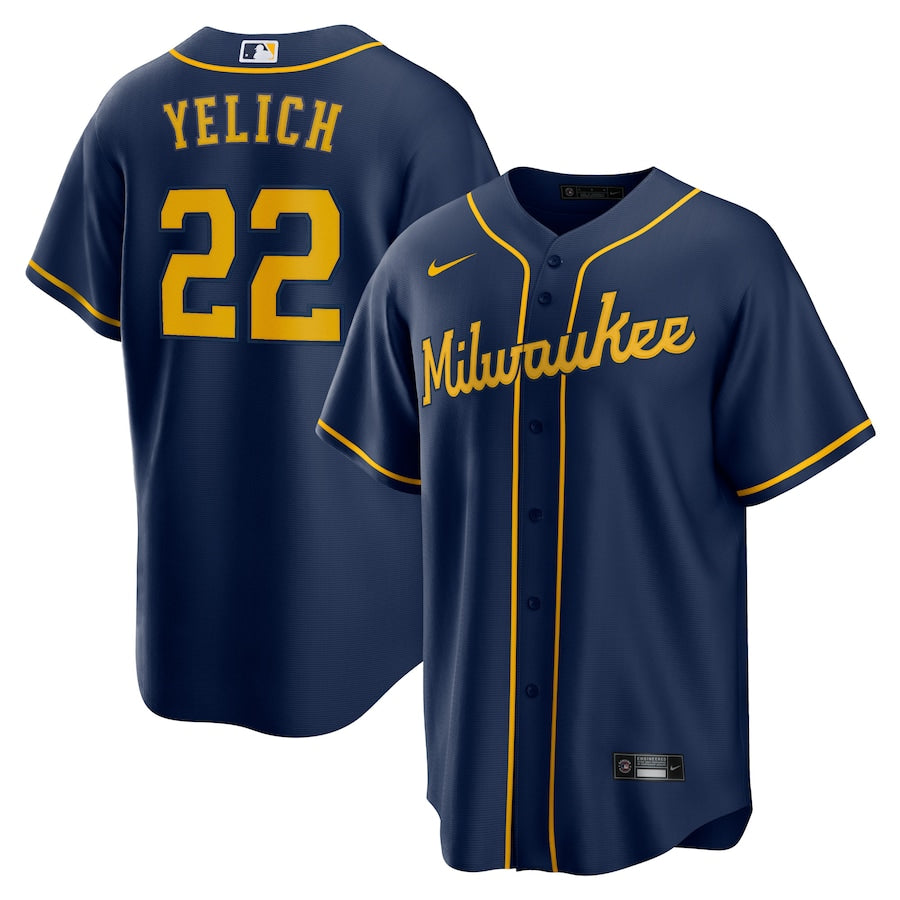 Christian Yelich Milwaukee Brewers dark blue alternate jersey