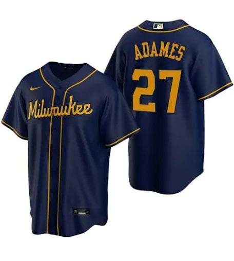 Willy Adames Milwaukee Brewers dark blue alternate jersey